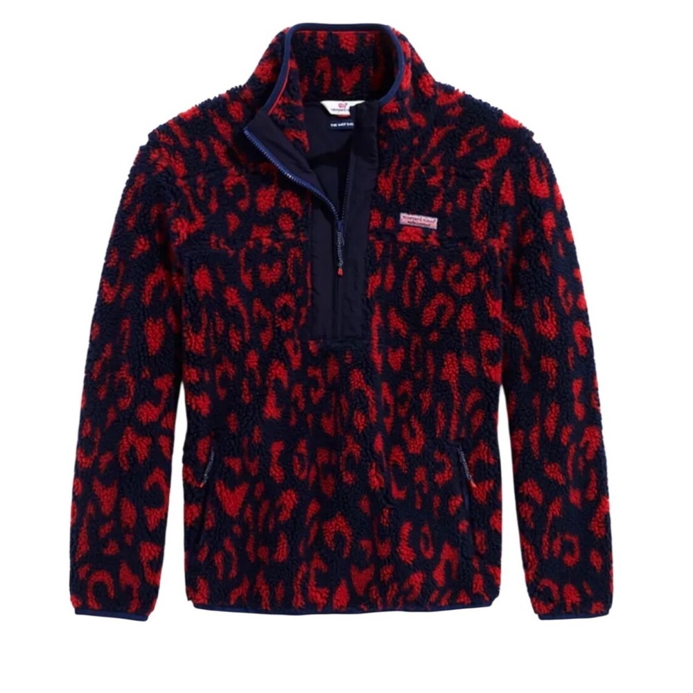 Vineyard Vines Womens 2X Falling for Leopard Supershep Jacket Navy Red Fleece